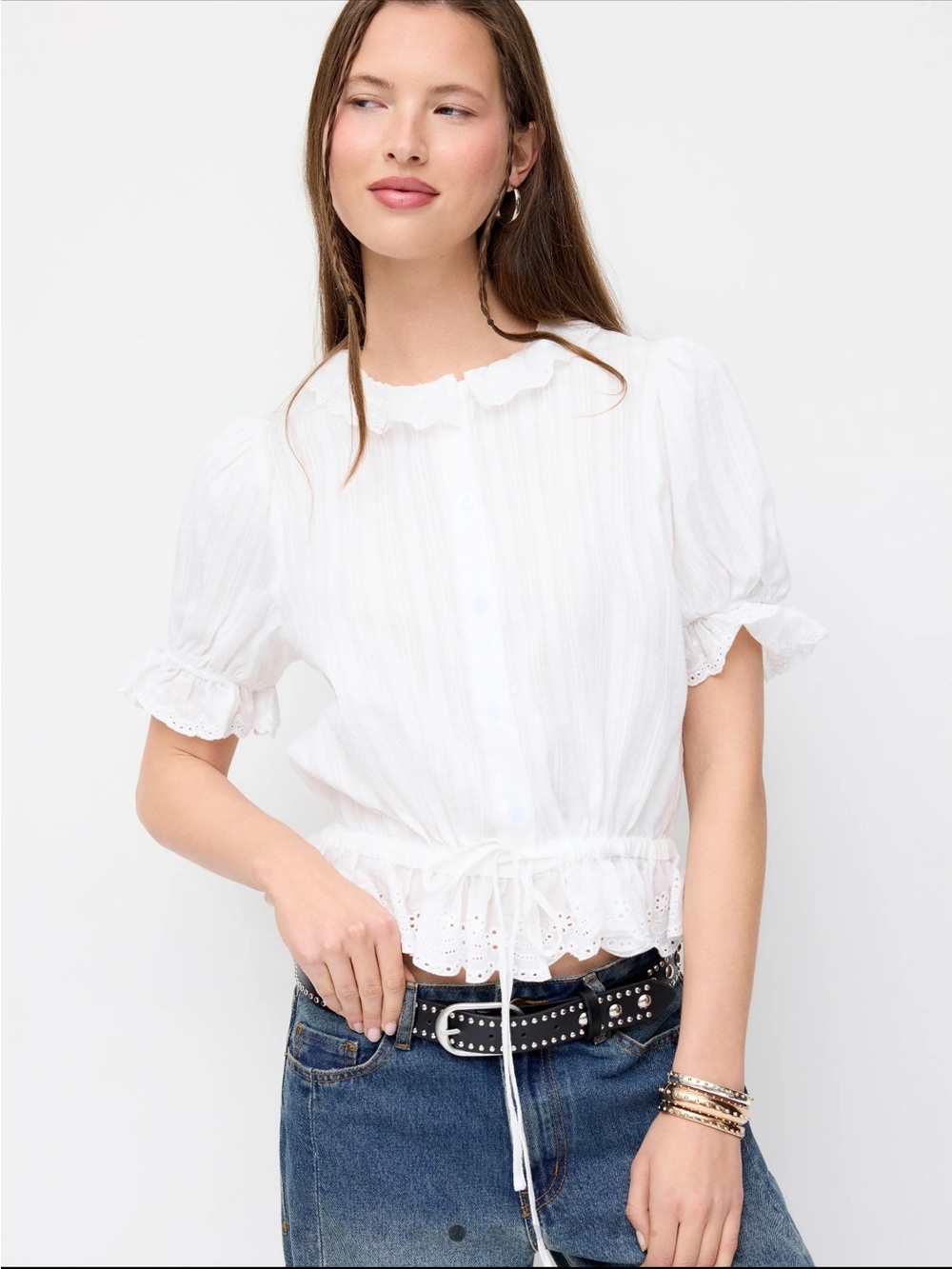 Cider White Puff Sleeve Lace Trim Blouse
